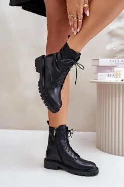 New Evento Skórzane Botki Workery Ocieplane Na Zamek Czarne Elosie