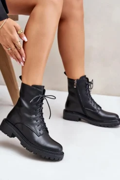 New Evento Skórzane Botki Workery Ocieplane Na Zamek Czarne Elosie