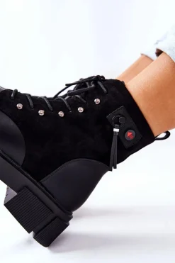 Outlet Boto Skórzane Botki Workery Wiązane Czarne Your Way!