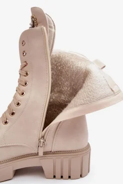 Damskie Boto Skórzane Botki Workery Z Biżuteryjną Ozdobą Beżowe Marx