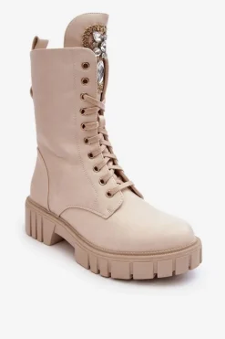 Damskie Boto Skórzane Botki Workery Z Biżuteryjną Ozdobą Beżowe Marx