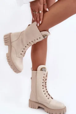 Damskie Boto Skórzane Botki Workery Z Biżuteryjną Ozdobą Beżowe Marx