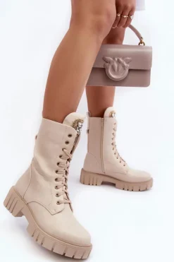 Damskie Boto Skórzane Botki Workery Z Biżuteryjną Ozdobą Beżowe Marx