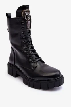 Clearance Boto Skórzane Botki Workery Z Biżuteryjną Ozdobą Czarne Marx