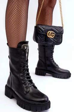 Clearance Boto Skórzane Botki Workery Z Biżuteryjną Ozdobą Czarne Marx