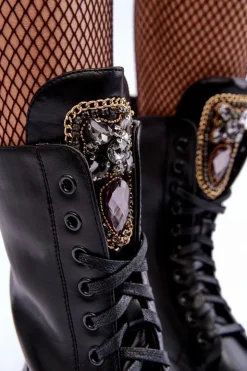 Clearance Boto Skórzane Botki Workery Z Biżuteryjną Ozdobą Czarne Marx