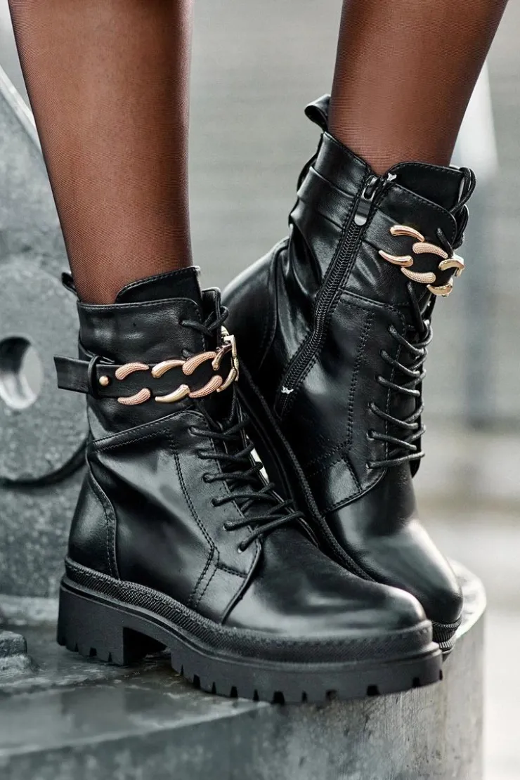 Boto Czarne Botki|Botki Płaskie*Skórzane Botki Workery Z Ozdobnym Paskiem Czarne Enili