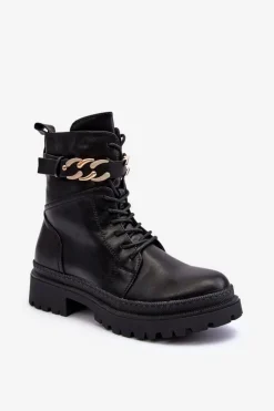 Boto Czarne Botki|Botki Płaskie*Skórzane Botki Workery Z Ozdobnym Paskiem Czarne Enili