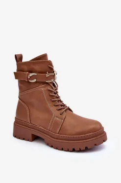 Damskie Boto Skórzane Botki Workery Z Ozdobnym Paskiem Brązowe Enili