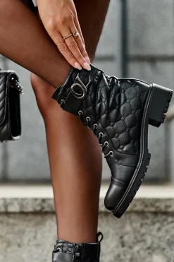 Damskie Boto Skórzane Botki Workery Z Ozdobą Czarne Davo