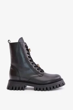 CheBello Damskie Trapery|Botki Skórzane*Skórzane Botki Workery Z Przypinkami Na Zamek 4553 Czarne