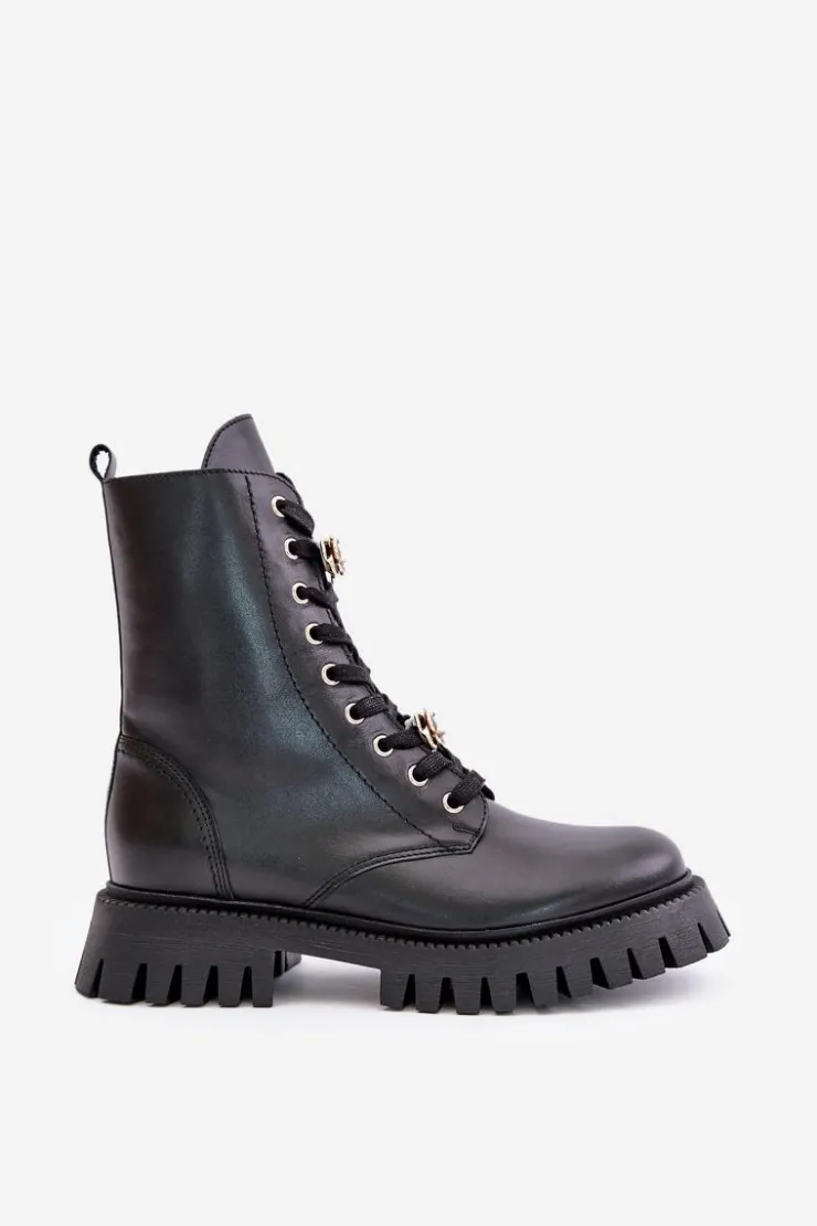 CheBello Damskie Trapery|Botki Skórzane*Skórzane Botki Workery Z Przypinkami Na Zamek 4553 Czarne