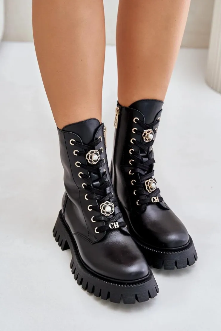 CheBello Damskie Trapery|Botki Skórzane*Skórzane Botki Workery Z Przypinkami Na Zamek 4553 Czarne