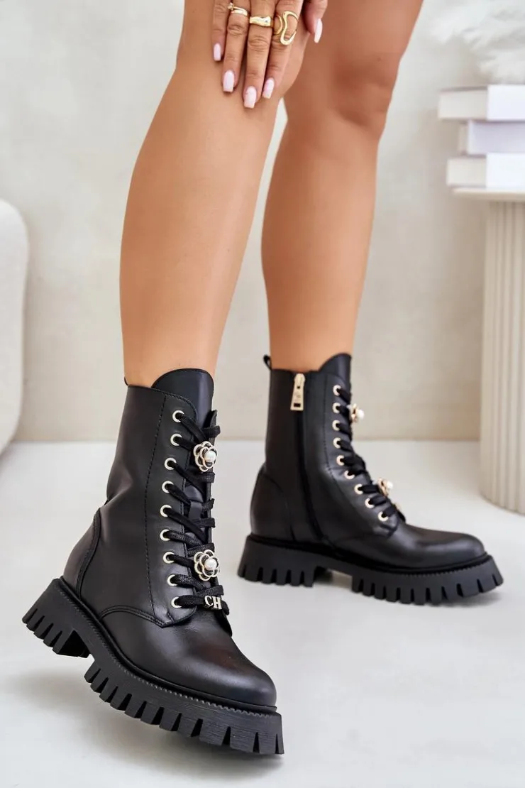 CheBello Damskie Trapery|Botki Skórzane*Skórzane Botki Workery Z Przypinkami Na Zamek 4553 Czarne