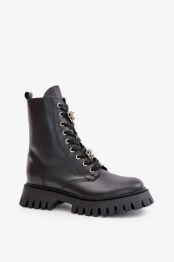 CheBello Damskie Trapery|Botki Skórzane*Skórzane Botki Workery Z Przypinkami Na Zamek 4553 Czarne