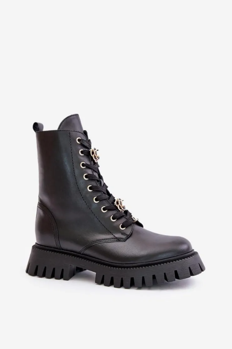 CheBello Damskie Trapery|Botki Skórzane*Skórzane Botki Workery Z Przypinkami Na Zamek 4553 Czarne