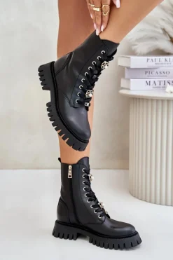 CheBello Damskie Trapery|Botki Skórzane*Skórzane Botki Workery Z Przypinkami Na Zamek 4553 Czarne