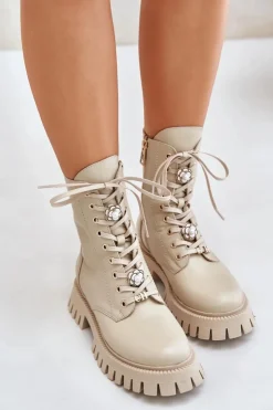 Damskie CheBello Skórzane Botki Workery Z Przypinkami Na Zamek 4553 Beżowe