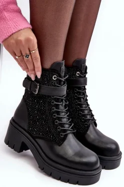 GOE Botki Skórzane|Czarne Botki*Skórzane Botki Workery Zdobione Dżetami MM2N4041 Czarne