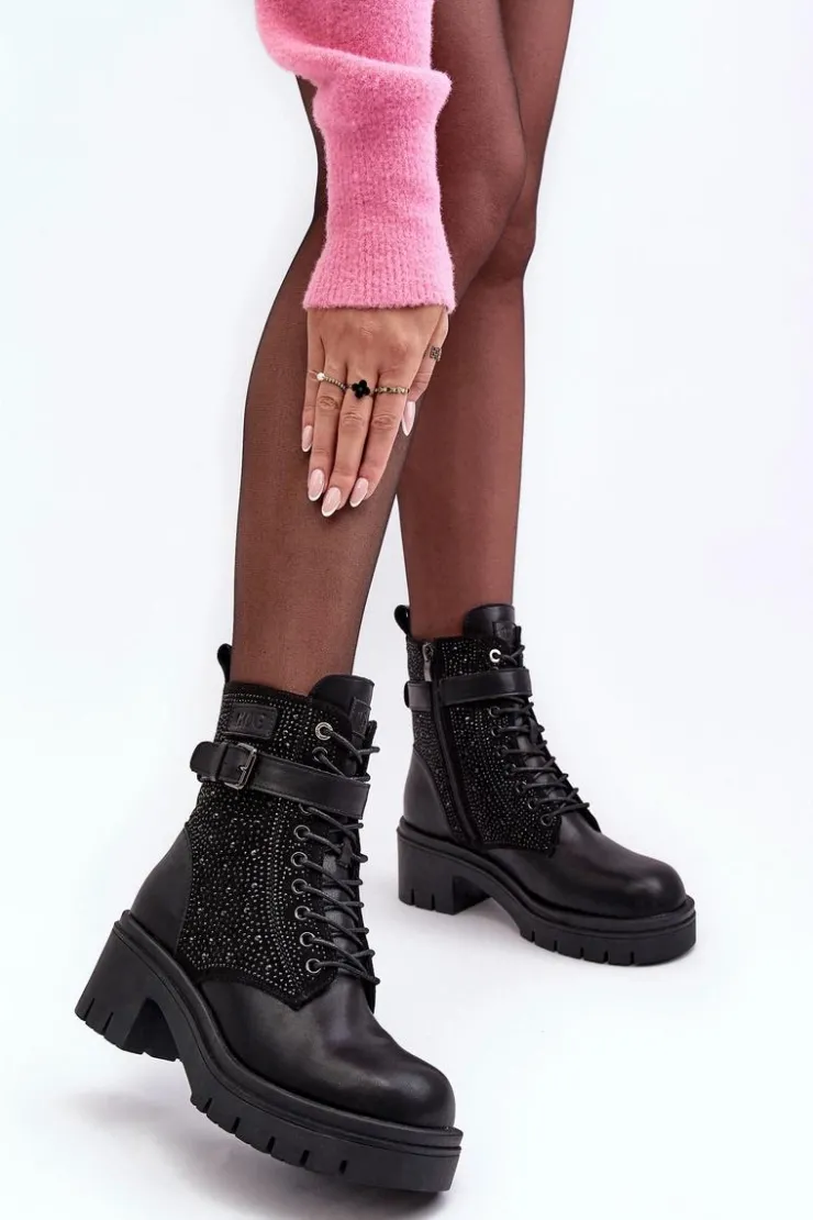 GOE Botki Skórzane|Czarne Botki*Skórzane Botki Workery Zdobione Dżetami MM2N4041 Czarne