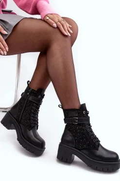 GOE Botki Skórzane|Czarne Botki*Skórzane Botki Workery Zdobione Dżetami MM2N4041 Czarne