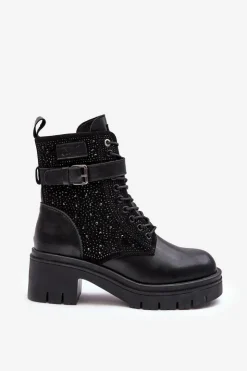 GOE Botki Skórzane|Czarne Botki*Skórzane Botki Workery Zdobione Dżetami MM2N4041 Czarne