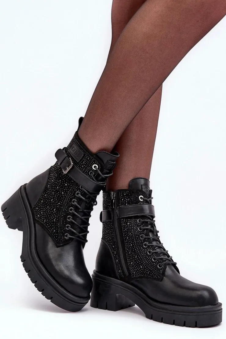 GOE Botki Skórzane|Czarne Botki*Skórzane Botki Workery Zdobione Dżetami MM2N4041 Czarne