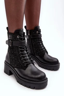 GOE Botki Skórzane|Czarne Botki*Skórzane Botki Workery Zdobione Dżetami MM2N4041 Czarne