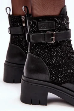 GOE Botki Skórzane|Czarne Botki*Skórzane Botki Workery Zdobione Dżetami MM2N4041 Czarne