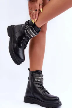 Boto Botki Sznurowane|Czarne Botki*Skórzane Botki Workery Zdobione Ćwiekami Czarne Kongei