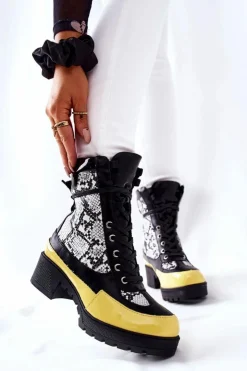 Boto Botki Sznurowane|Botki Na Słupku*Skórzane Botki Wężowe Czarno-Żółte Meridiah