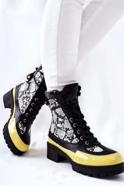 Boto Botki Sznurowane|Botki Na Słupku*Skórzane Botki Wężowe Czarno-Żółte Meridiah