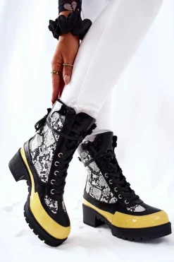 Boto Botki Sznurowane|Botki Na Słupku*Skórzane Botki Wężowe Czarno-Żółte Meridiah