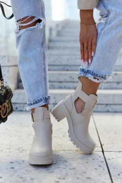 Hot Boto Skórzane Botki Wycięcie Pasek Beżowe Rosanne