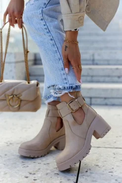 Boto Botki Wiosenne|Botki Na Słupku*Skórzane Botki Wycięcie Pasek Ciemnobeżowe Rosanne