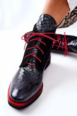 Boto Botki Sznurowane|Czarne Botki*Skórzane Botki Wzór Aligatora Czarne Laorelia