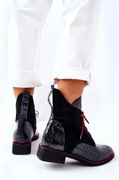 Boto Botki Sznurowane|Czarne Botki*Skórzane Botki Wzór Aligatora Czarne Laorelia