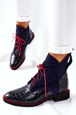 Damskie Boto Skórzane Botki Wzór Aligatora Granatowe Bruselle