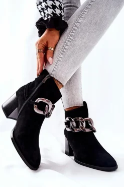 Sale Laura Messi Skórzane Botki Z Łańcuchem Czarne 2345