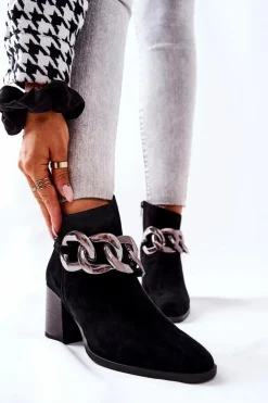 Sale Laura Messi Skórzane Botki Z Łańcuchem Czarne 2345