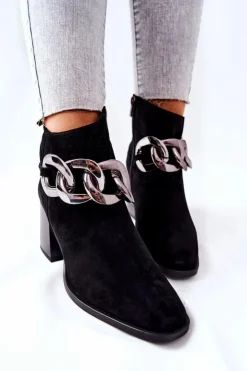 Sale Laura Messi Skórzane Botki Z Łańcuchem Czarne 2345