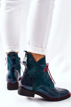 Hot Boto Skórzane Botki Z Krokodylim Wzorem Zielone Cheyenne
