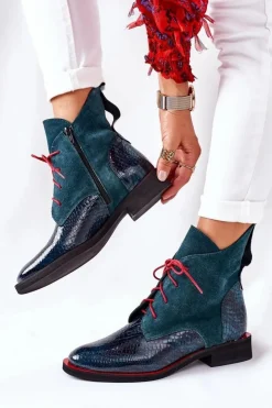 Hot Boto Skórzane Botki Z Krokodylim Wzorem Zielone Cheyenne