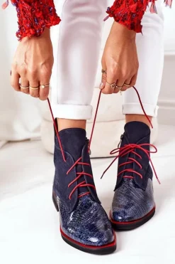 Outlet Boto Skórzane Botki Z Krokodylim Wzorem Granatowe Cheyenne