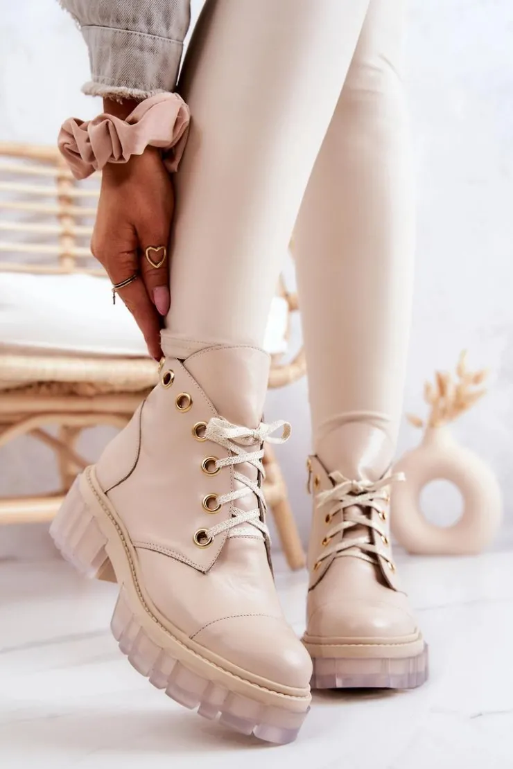 Boto Botki Wiosenne|Damskie Trapery*Skórzane Botki Z Masywną Podeszwą Beżowe Horizon