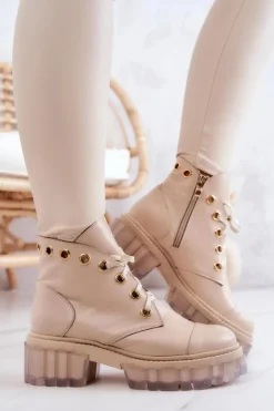 Boto Botki Wiosenne|Damskie Trapery*Skórzane Botki Z Masywną Podeszwą Beżowe Horizon