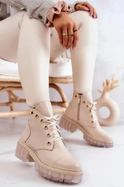 Boto Botki Wiosenne|Damskie Trapery*Skórzane Botki Z Masywną Podeszwą Beżowe Horizon