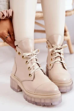 Boto Botki Wiosenne|Damskie Trapery*Skórzane Botki Z Masywną Podeszwą Beżowe Horizon