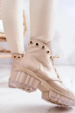 Boto Botki Wiosenne|Damskie Trapery*Skórzane Botki Z Masywną Podeszwą Beżowe Horizon