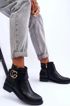 Hot Boto Skórzane Botki Z Ozdobą Czarne Galos